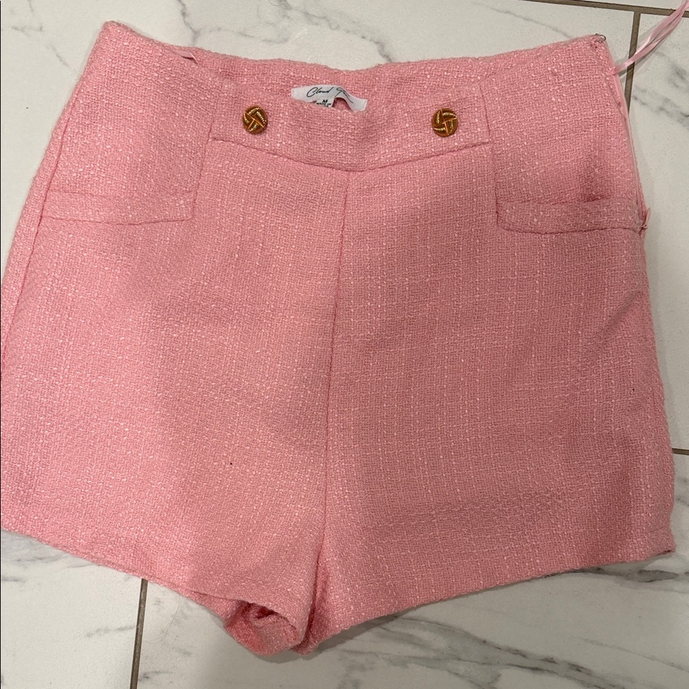 Pink Bouclé High-Waist Shorts with Gold Buttons